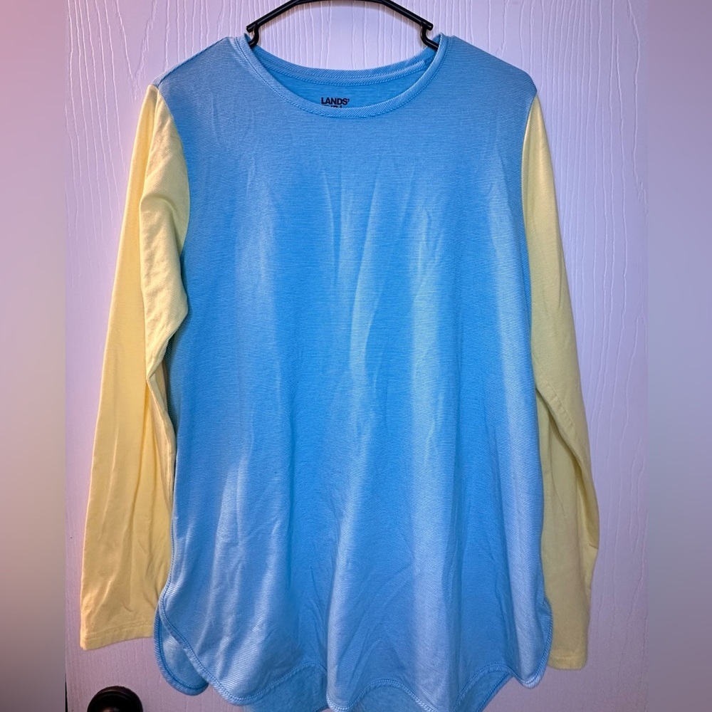 Lands‎ End Blue Yellow Thin Stripes Long Sleeve Tunic Women’s Medium 10 12 Soft
